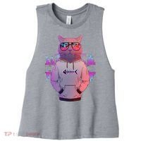 Cool Retro Hipster Hip Hop Music Cat Women's Racerback Cropped Tank thumb 0