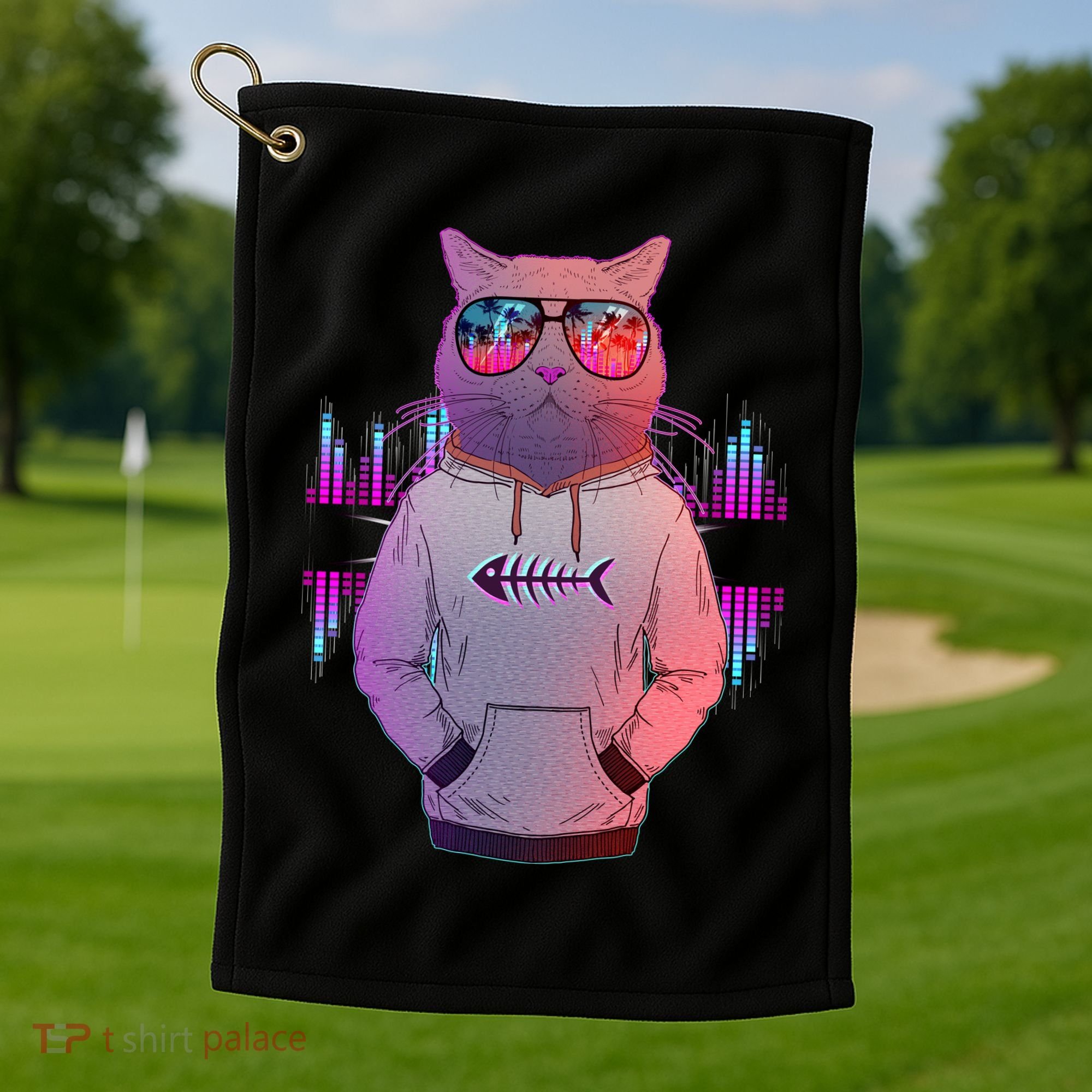 Cool Retro Hipster Hip Hop Music Cat Golf Towel