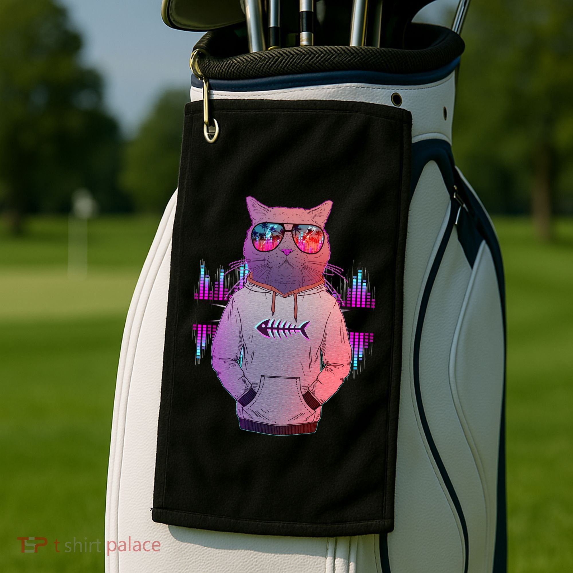 Cool Retro Hipster Hip Hop Music Cat Golf Towel