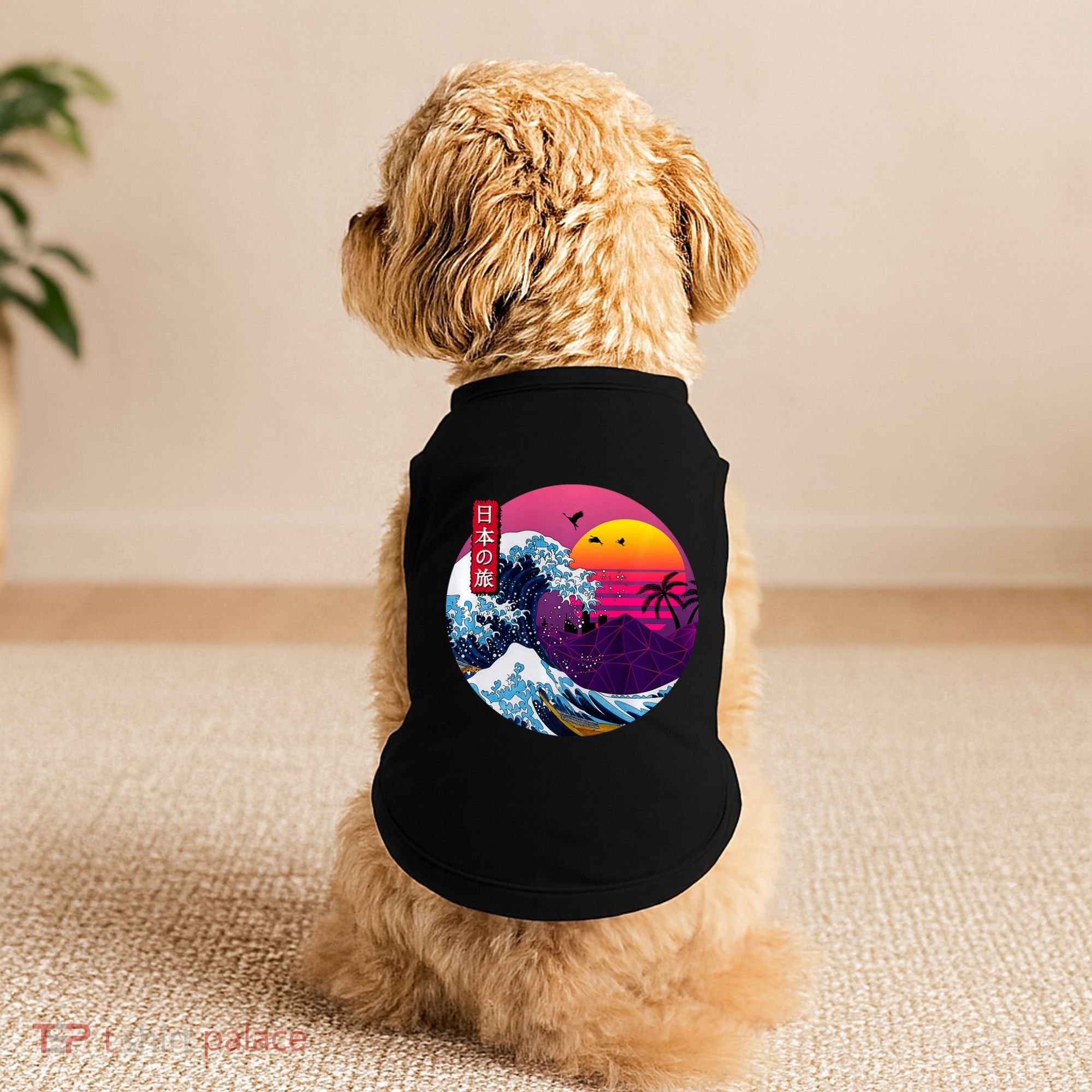 Cool Retro Japanese Sunset The Great Wave Off Kanagawa Doggie Tank