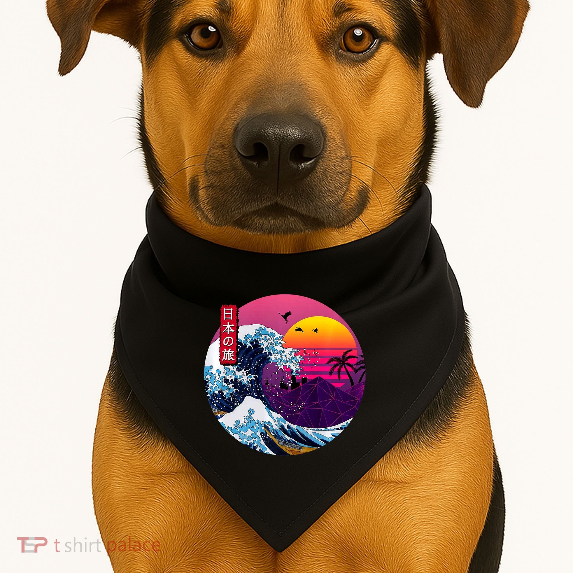 Cool Retro Japanese Sunset The Great Wave Off Kanagawa USA-Made Doggie Bandana