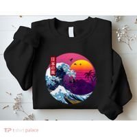 Cool Retro Japanese Sunset The Great Wave Off Kanagawa Sweatshirt thumb 2