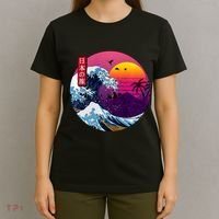 Cool Retro Japanese Sunset The Great Wave Off Kanagawa T-Shirt thumb 4