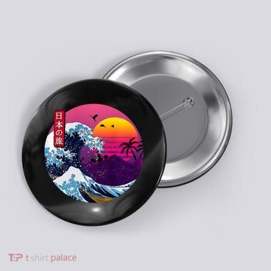 Cool Retro Japanese Sunset The Great Wave Off Kanagawa Button