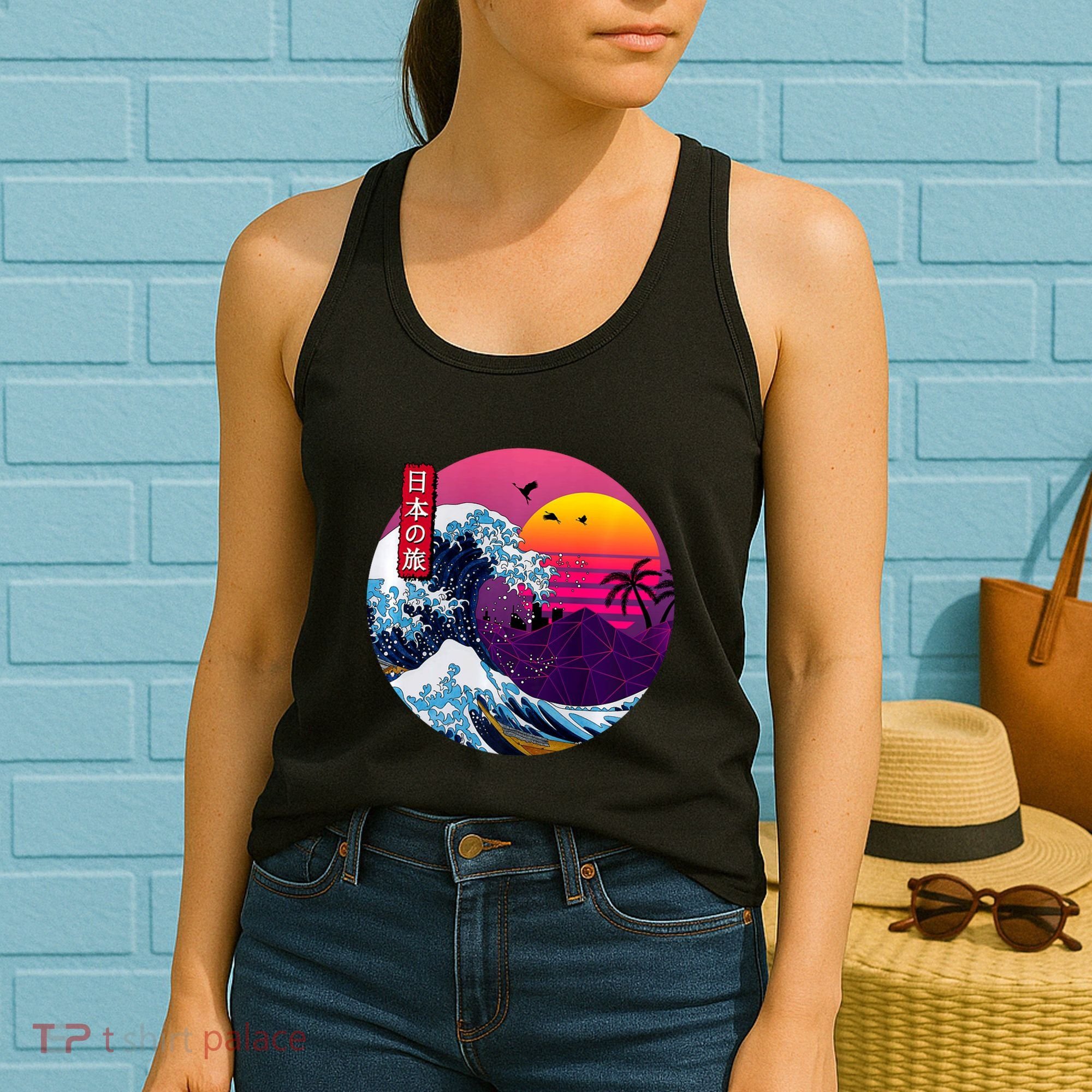 Cool Retro Japanese Sunset The Great Wave Off Kanagawa Women's Tank Top