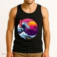 Cool Retro Japanese Sunset The Great Wave Off Kanagawa Tank Top thumb 3