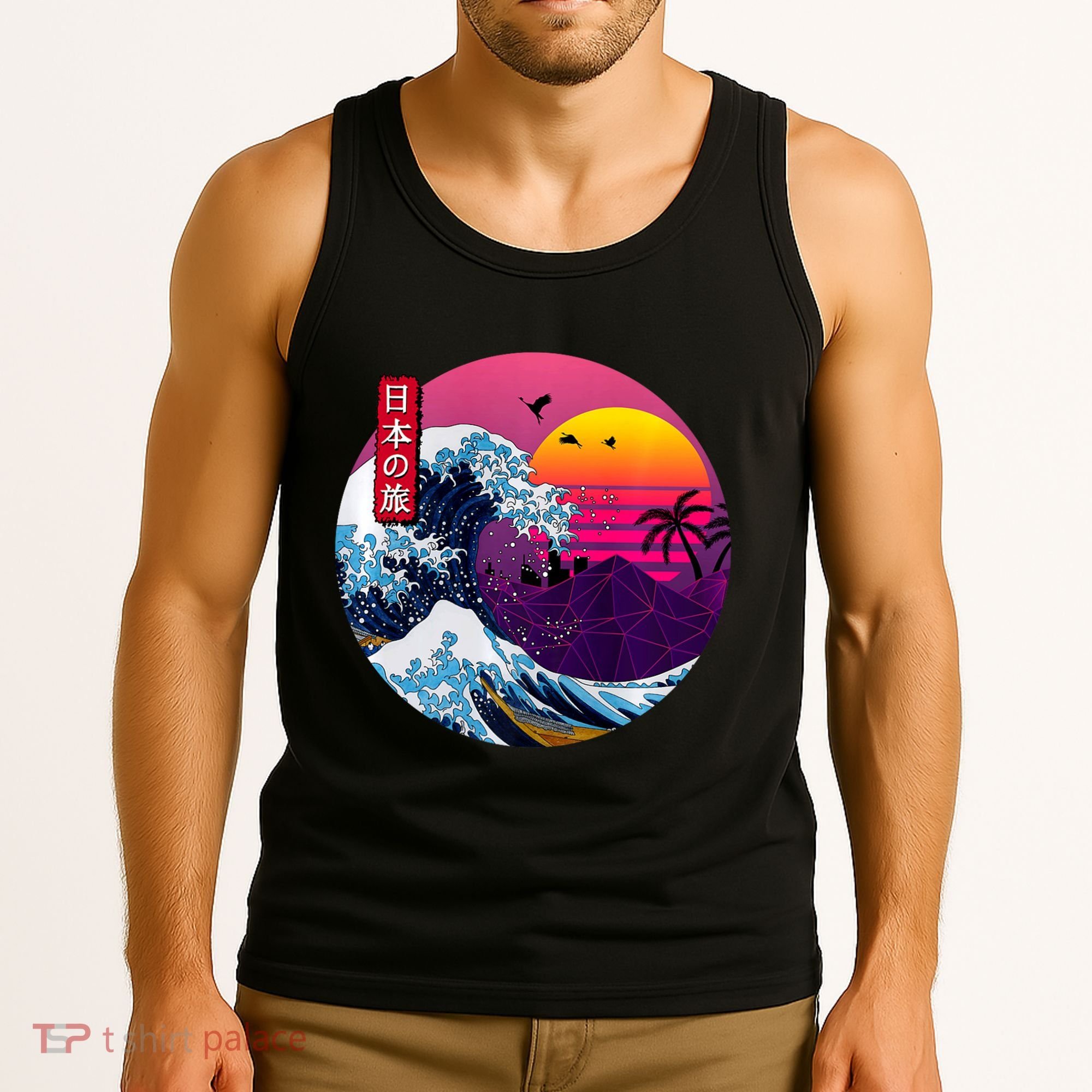 Cool Retro Japanese Sunset The Great Wave Off Kanagawa Tank Top