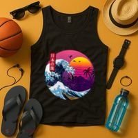 Cool Retro Japanese Sunset The Great Wave Off Kanagawa Tank Top thumb 4