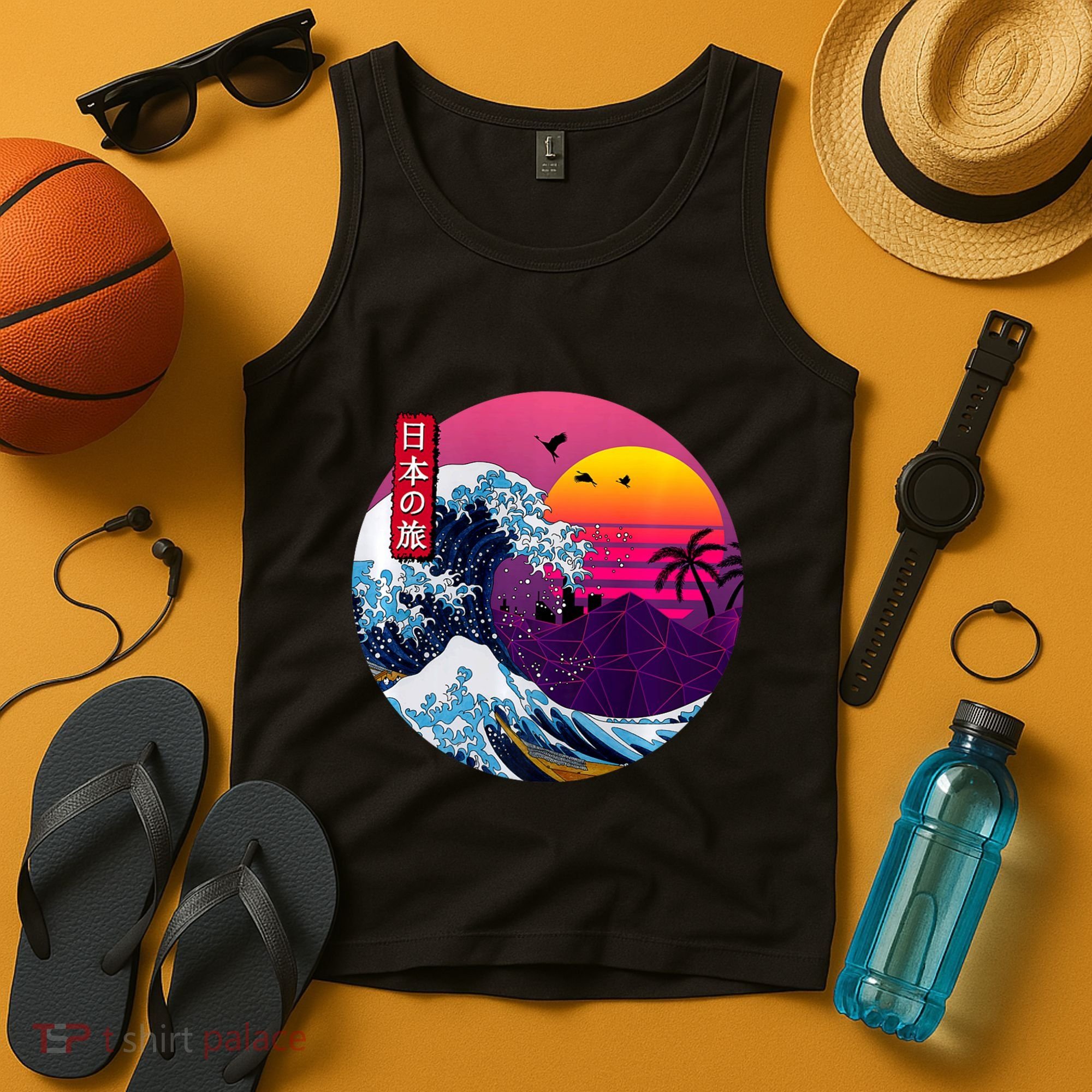 Cool Retro Japanese Sunset The Great Wave Off Kanagawa Tank Top