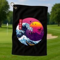 Cool Retro Japanese Sunset The Great Wave Off Kanagawa Golf Towel thumb 1