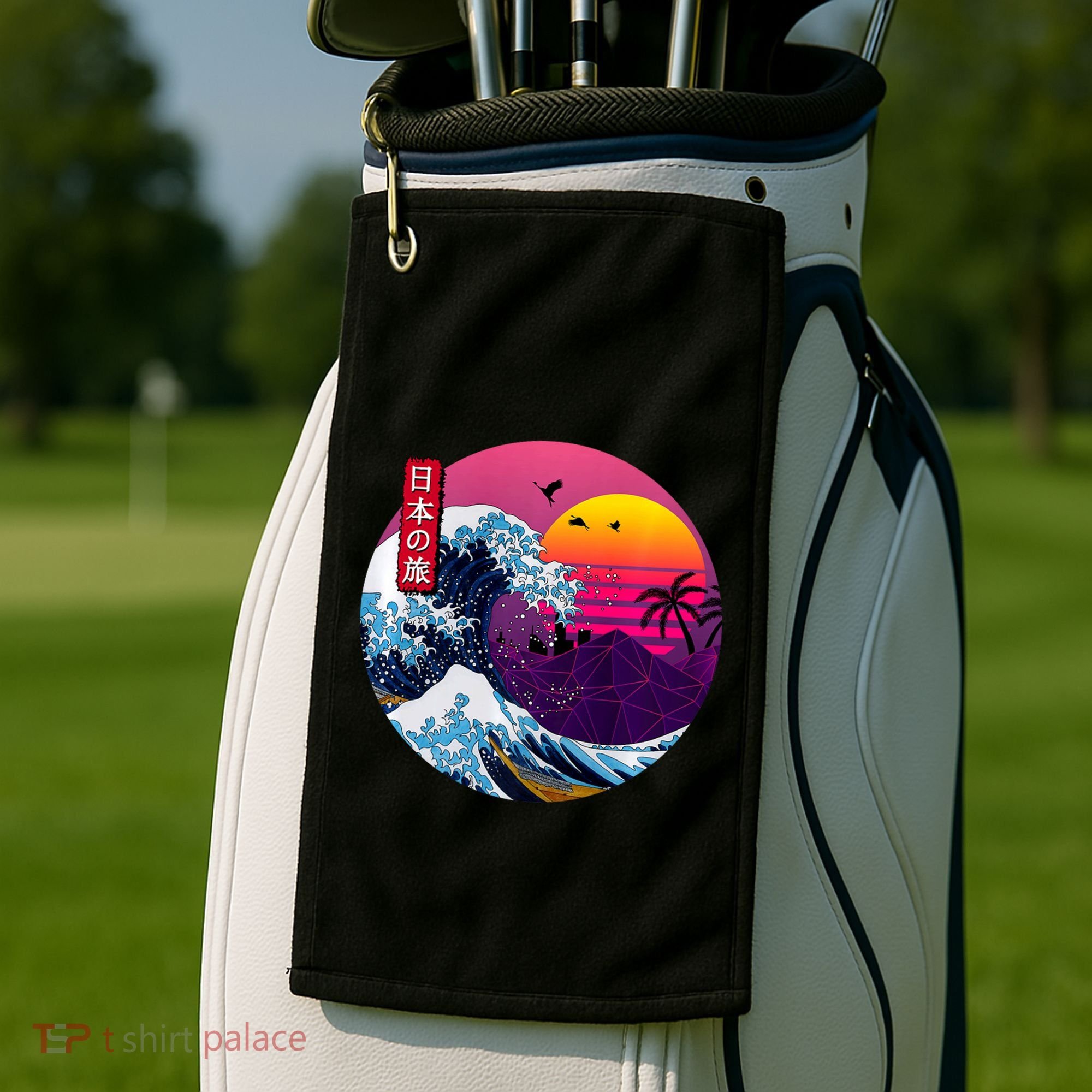 Cool Retro Japanese Sunset The Great Wave Off Kanagawa Golf Towel