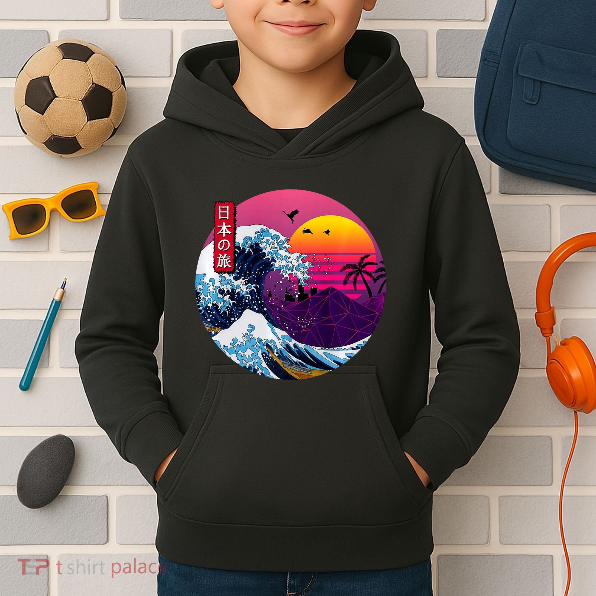 Cool Retro Japanese Sunset The Great Wave Off Kanagawa Kids Hoodie