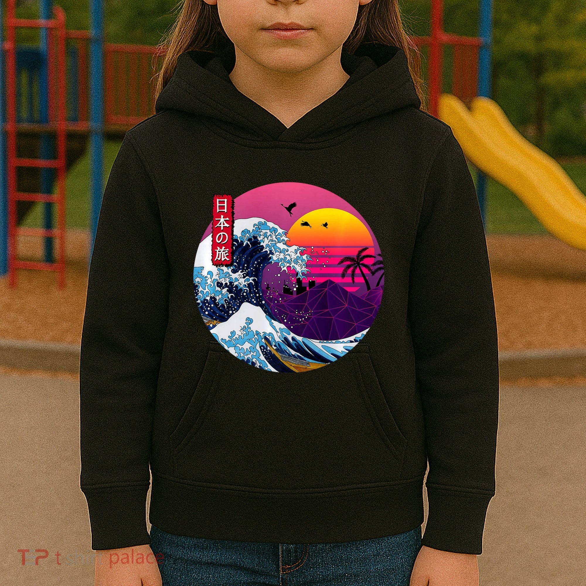 Cool Retro Japanese Sunset The Great Wave Off Kanagawa Kids Hoodie