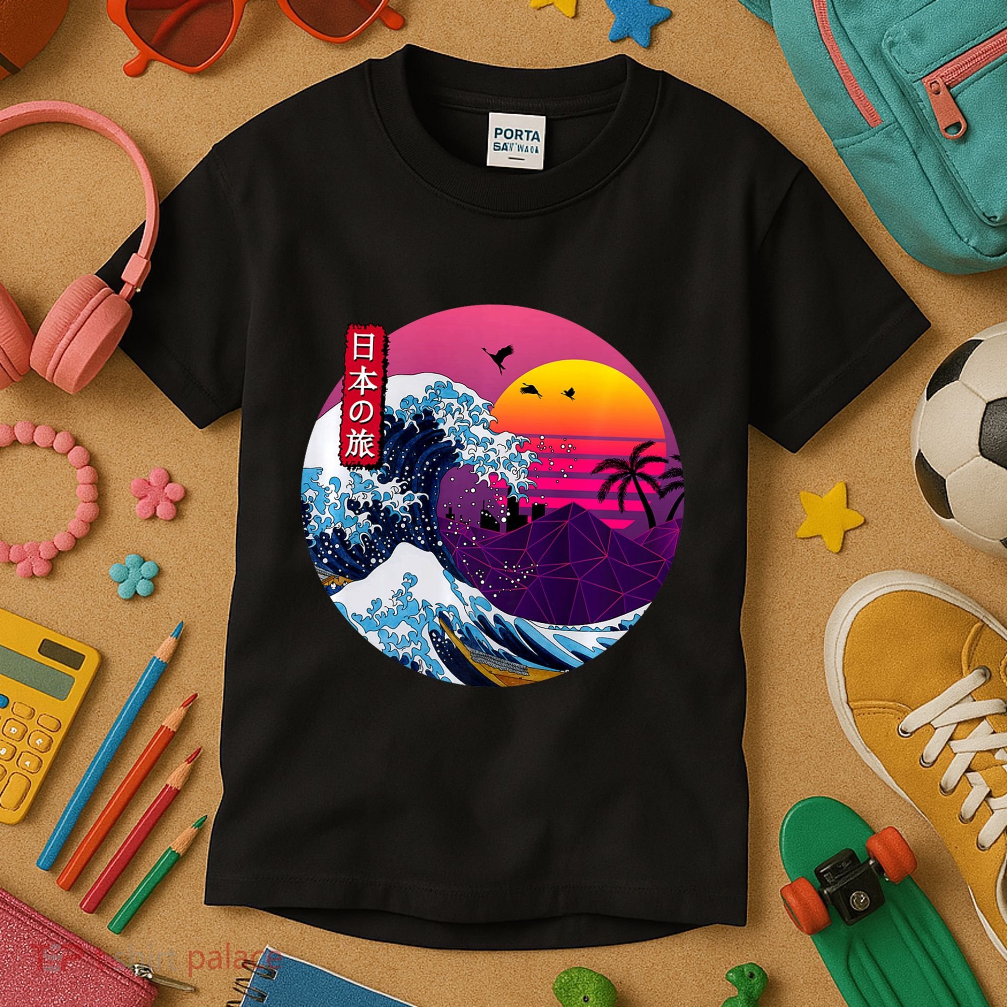 Cool Retro Japanese Sunset The Great Wave Off Kanagawa Kids T-Shirt