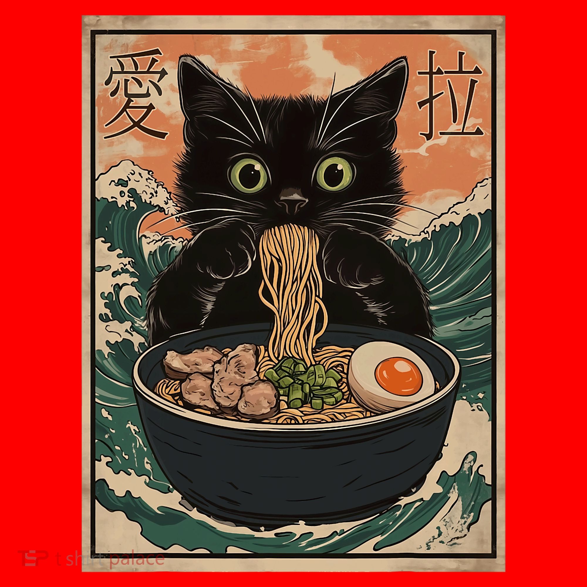 Cat Ramen Japanese Art Great Wave Kanagawa Funny Graphic Santa Hat