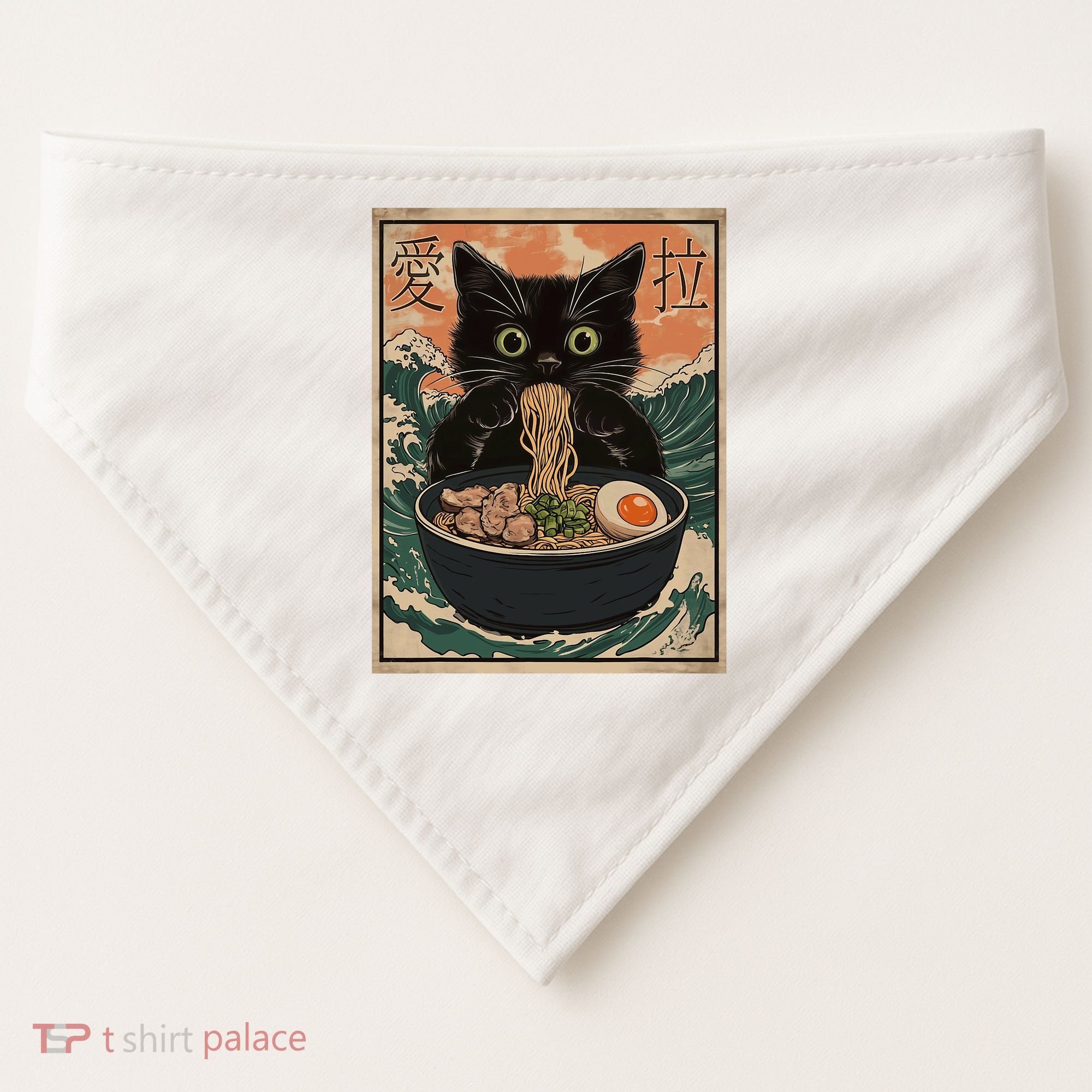 Cat Ramen Japanese Art Great Wave Kanagawa Funny Graphic USA-Made Doggie Bandana