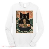 Cat Ramen Japanese Art Great Wave Kanagawa Funny Graphic Long Sleeve Shirt thumb 0
