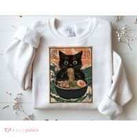 Cat Ramen Japanese Art Great Wave Kanagawa Funny Graphic Sweatshirt thumb 2