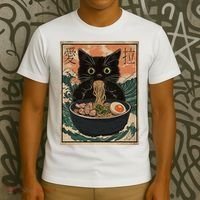Cat Ramen Japanese Art Great Wave Kanagawa Funny Graphic T-Shirt thumb 3