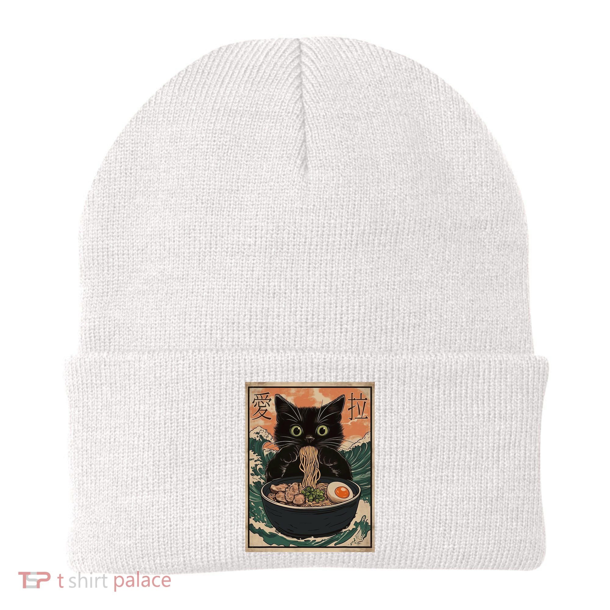 Cat Ramen Japanese Art Great Wave Kanagawa Funny Graphic Beanie