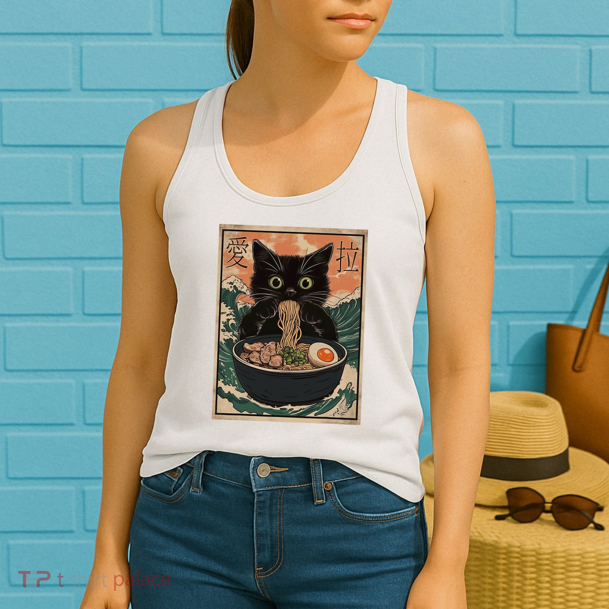 Cat Ramen Japanese Art Great Wave Kanagawa Funny Graphic Women's Tank Top