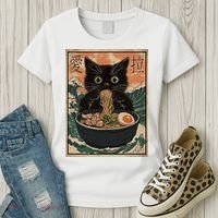 Cat Ramen Japanese Art Great Wave Kanagawa Funny Graphic Women's T-Shirt thumb 3