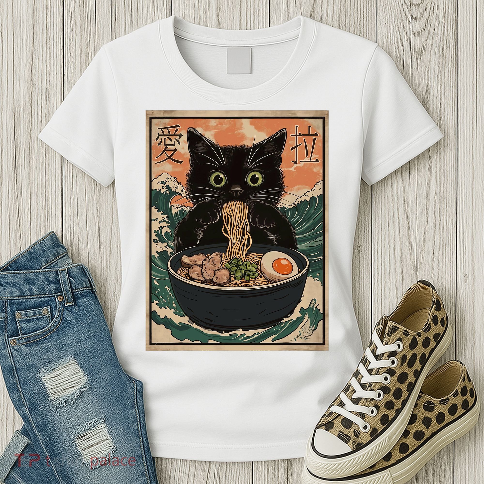 Cat Ramen Japanese Art Great Wave Kanagawa Funny Graphic Women's T-Shirt