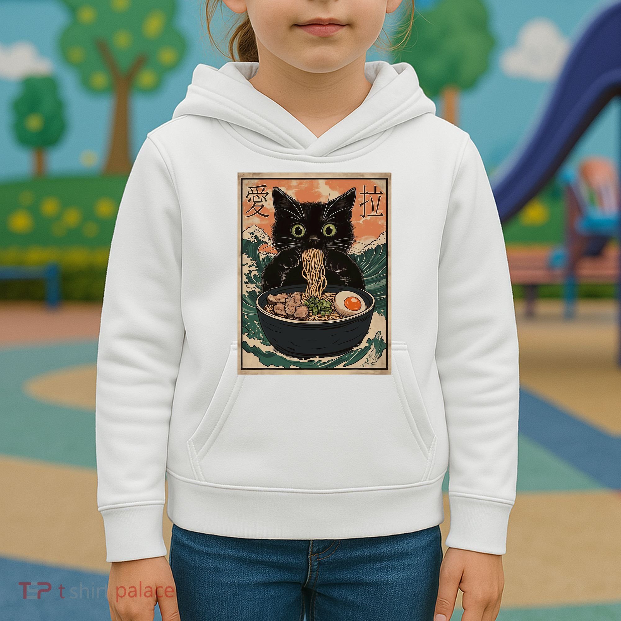 Cat Ramen Japanese Art Great Wave Kanagawa Funny Graphic Kids Hoodie