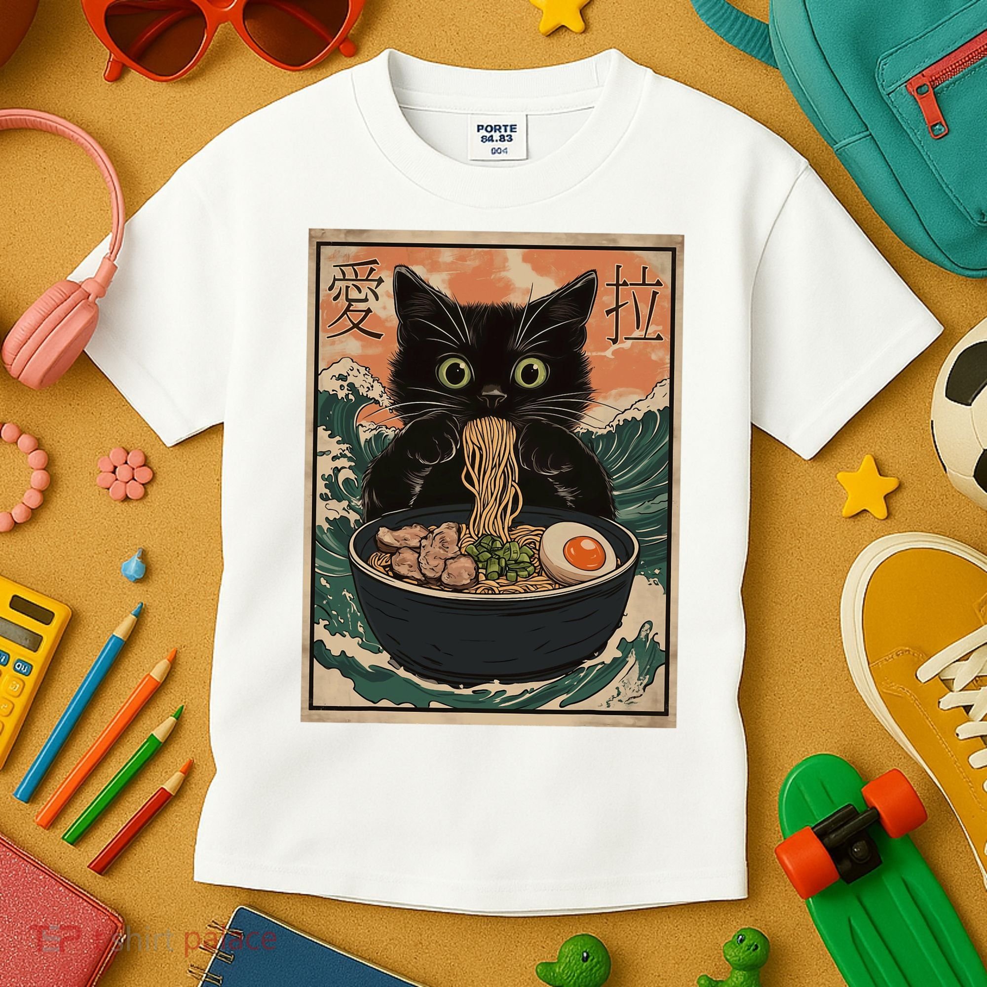 Cat Ramen Japanese Art Great Wave Kanagawa Funny Graphic Kids T-Shirt