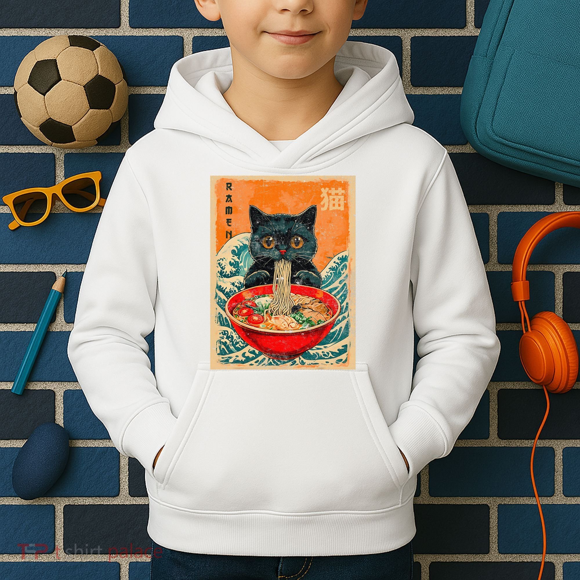 Cat Ramen Japanese Anime Funny Graphic Kawaii Cat Kids Hoodie