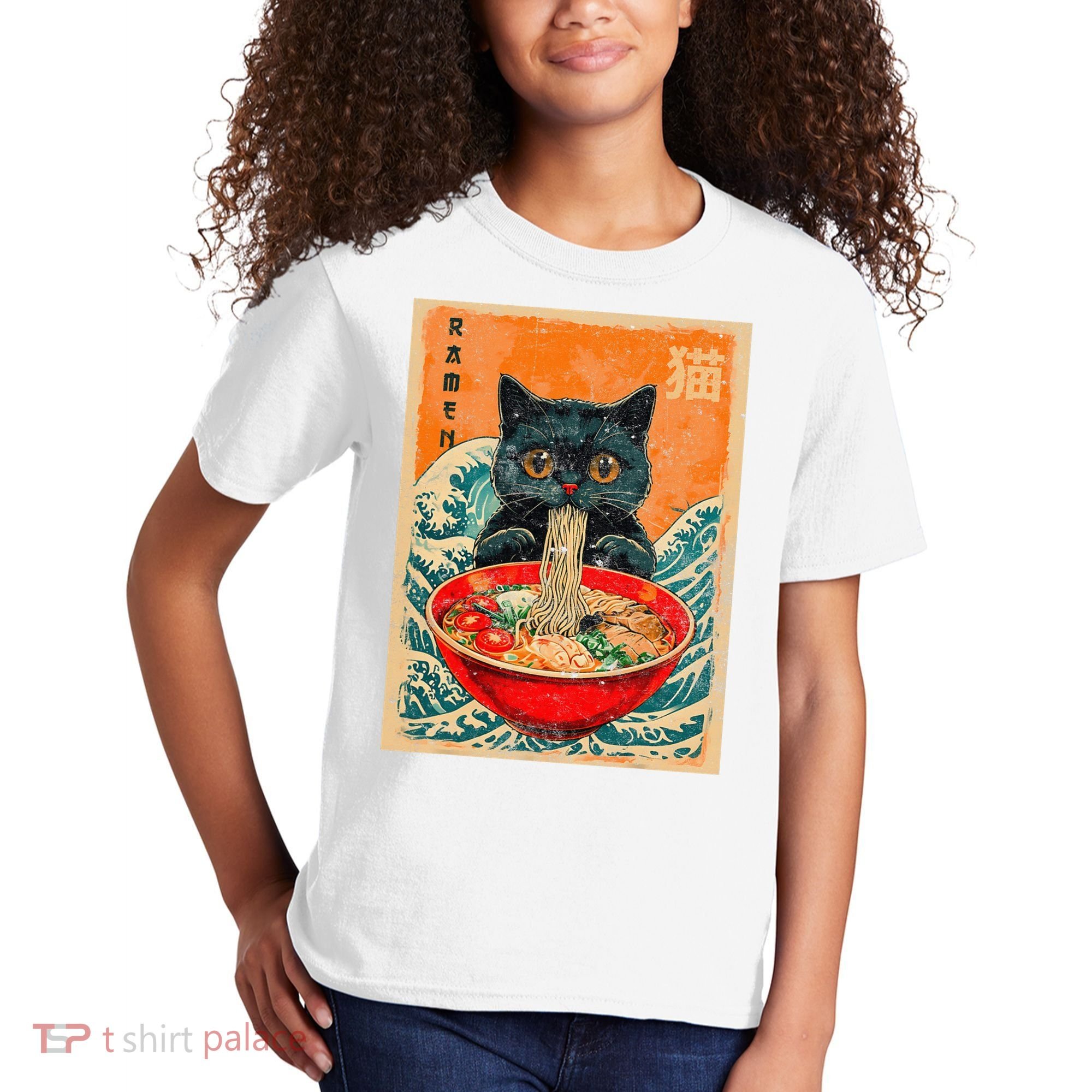 Cat Ramen Japanese Anime Funny Graphic Kawaii Cat Kids T-Shirt