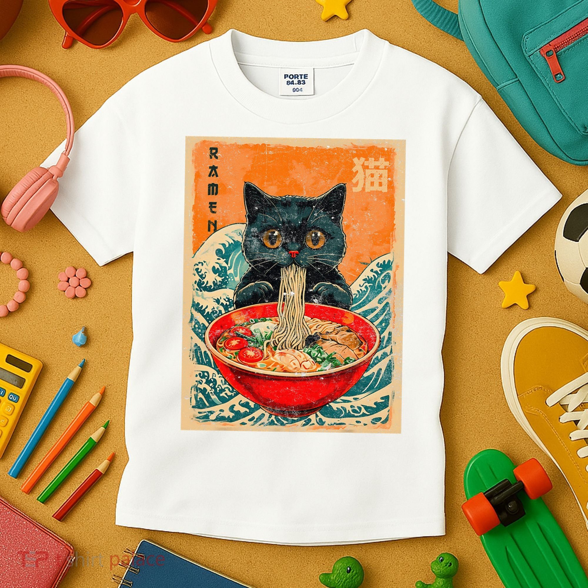 Cat Ramen Japanese Anime Funny Graphic Kawaii Cat Kids T-Shirt