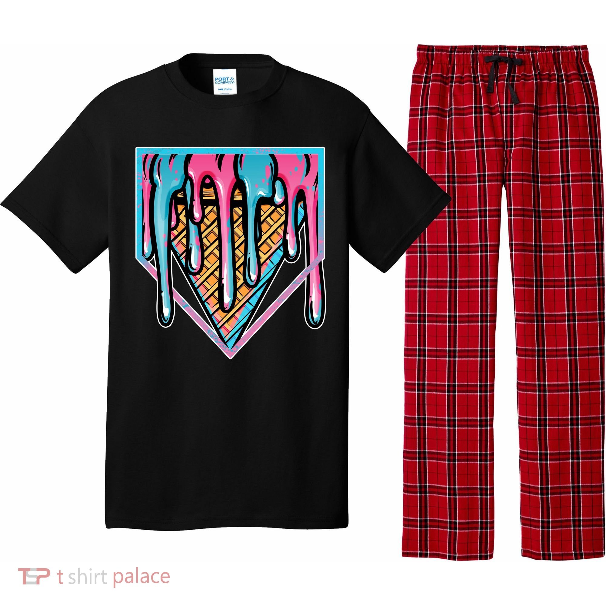 Cute Retro Melting Ice Cream Cone Baseball Home Plate Pajama Set