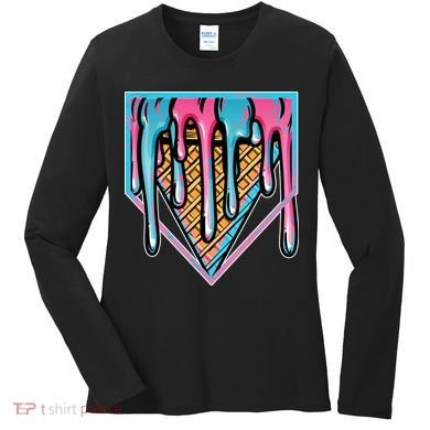 Cute Retro Melting Ice Cream Cone Baseball Home Plate Women's Long Sleeve Shirt
