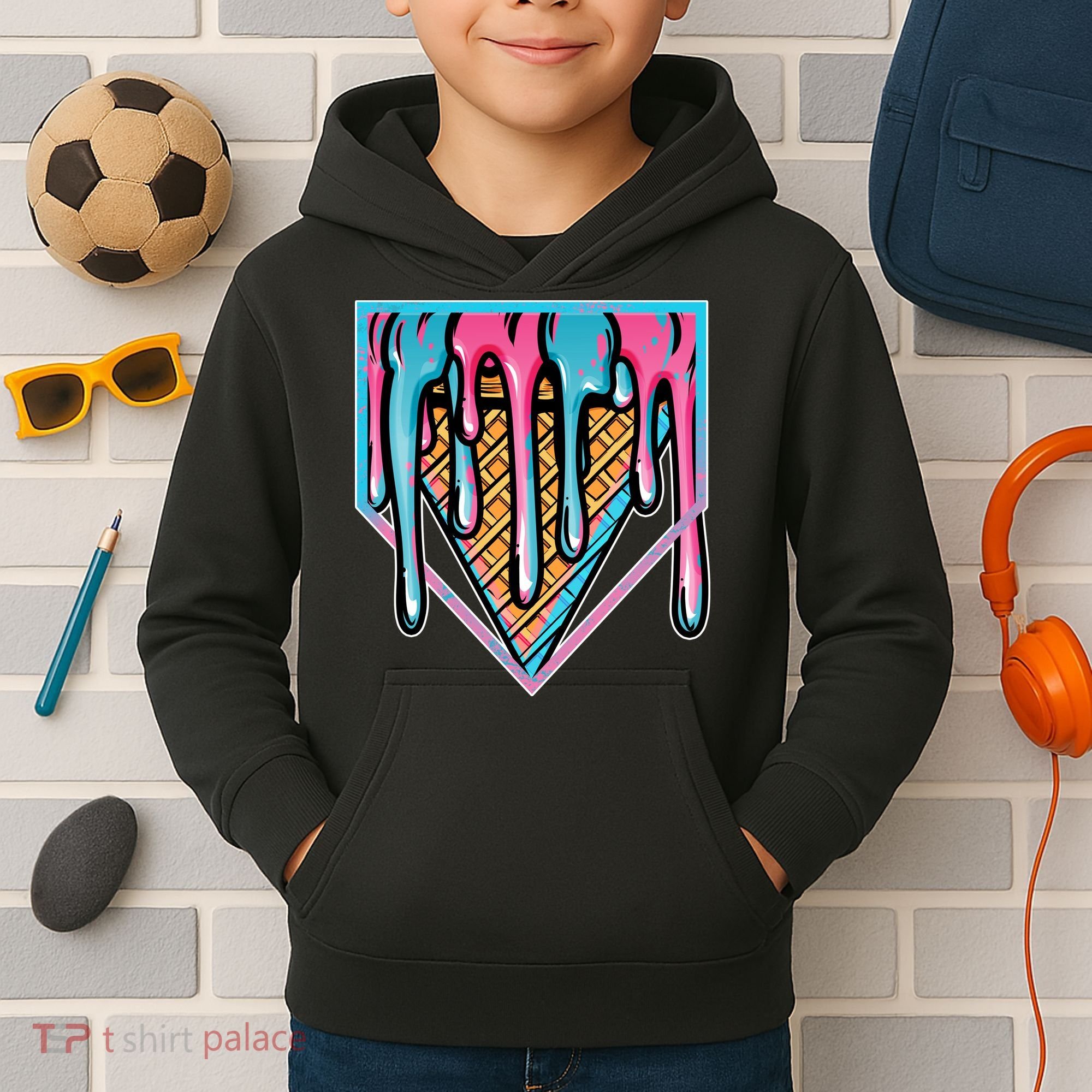 Cute Retro Melting Ice Cream Cone Baseball Home Plate Kids Hoodie