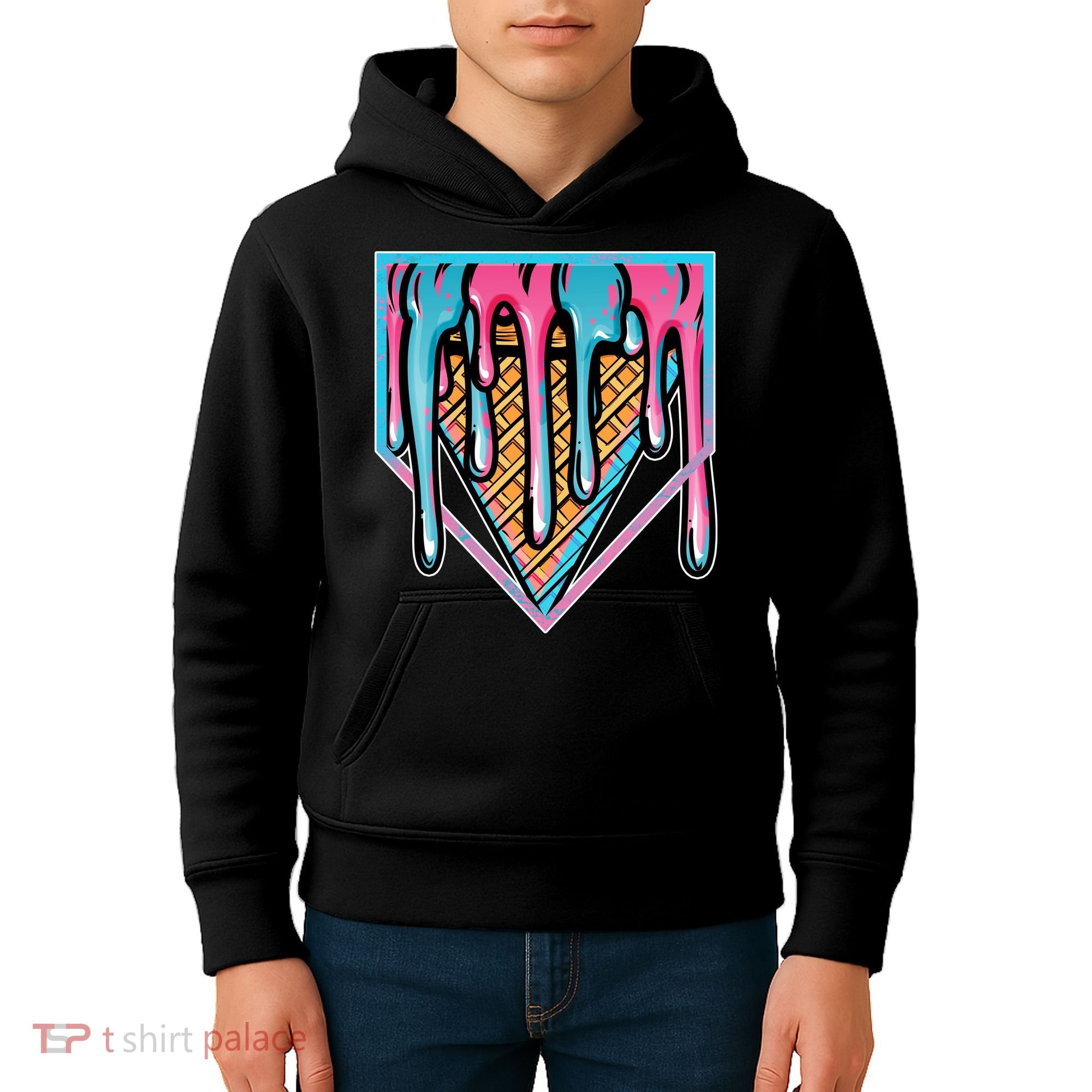 Cute Retro Melting Ice Cream Cone Baseball Home Plate Kids Hoodie