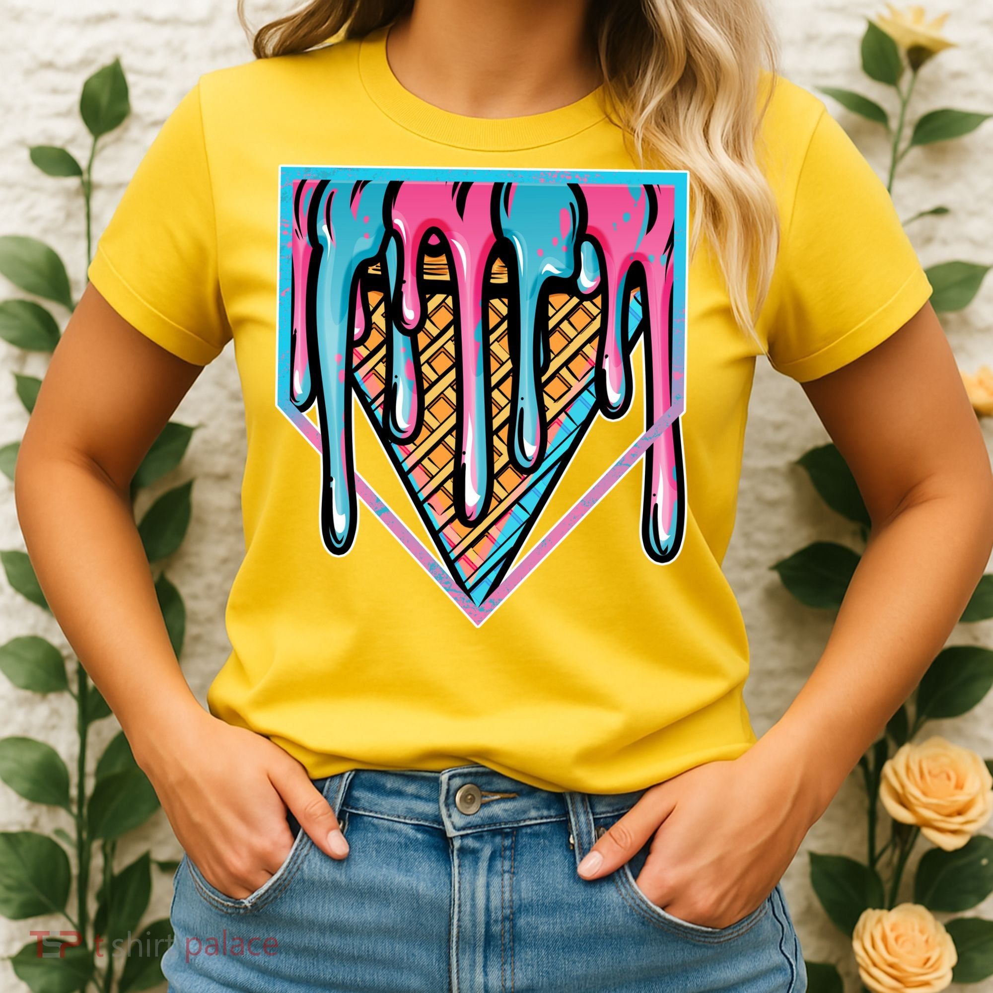 Cute Retro Melting Ice Cream Cone Baseball Home Plate Women's T-Shirt