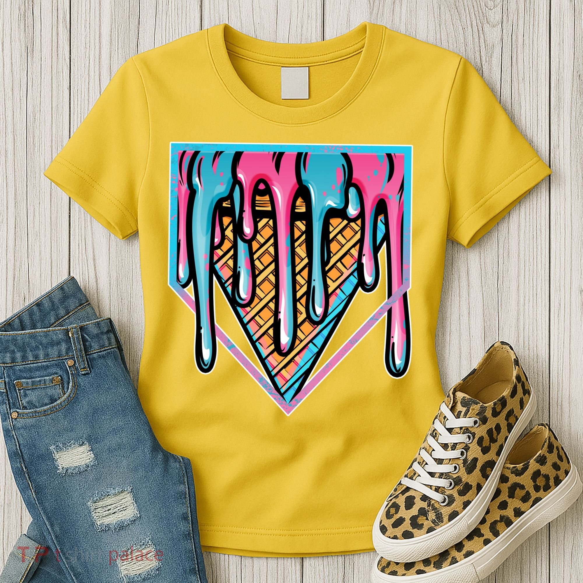 Cute Retro Melting Ice Cream Cone Baseball Home Plate Women's T-Shirt