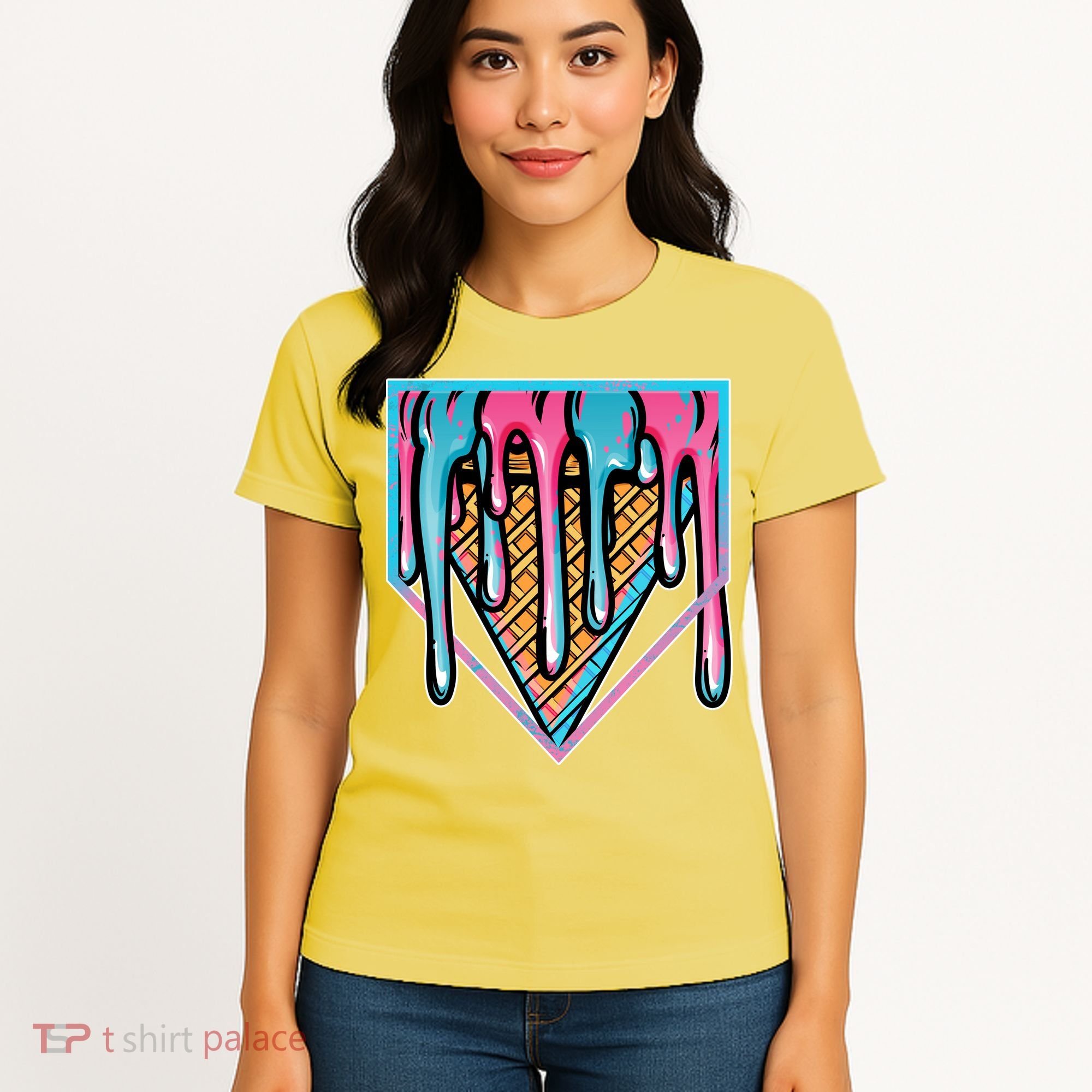 Cute Retro Melting Ice Cream Cone Baseball Home Plate Women's T-Shirt