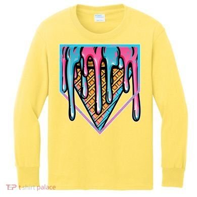 Cute Retro Melting Ice Cream Cone Baseball Home Plate Kids Long Sleeve Shirt