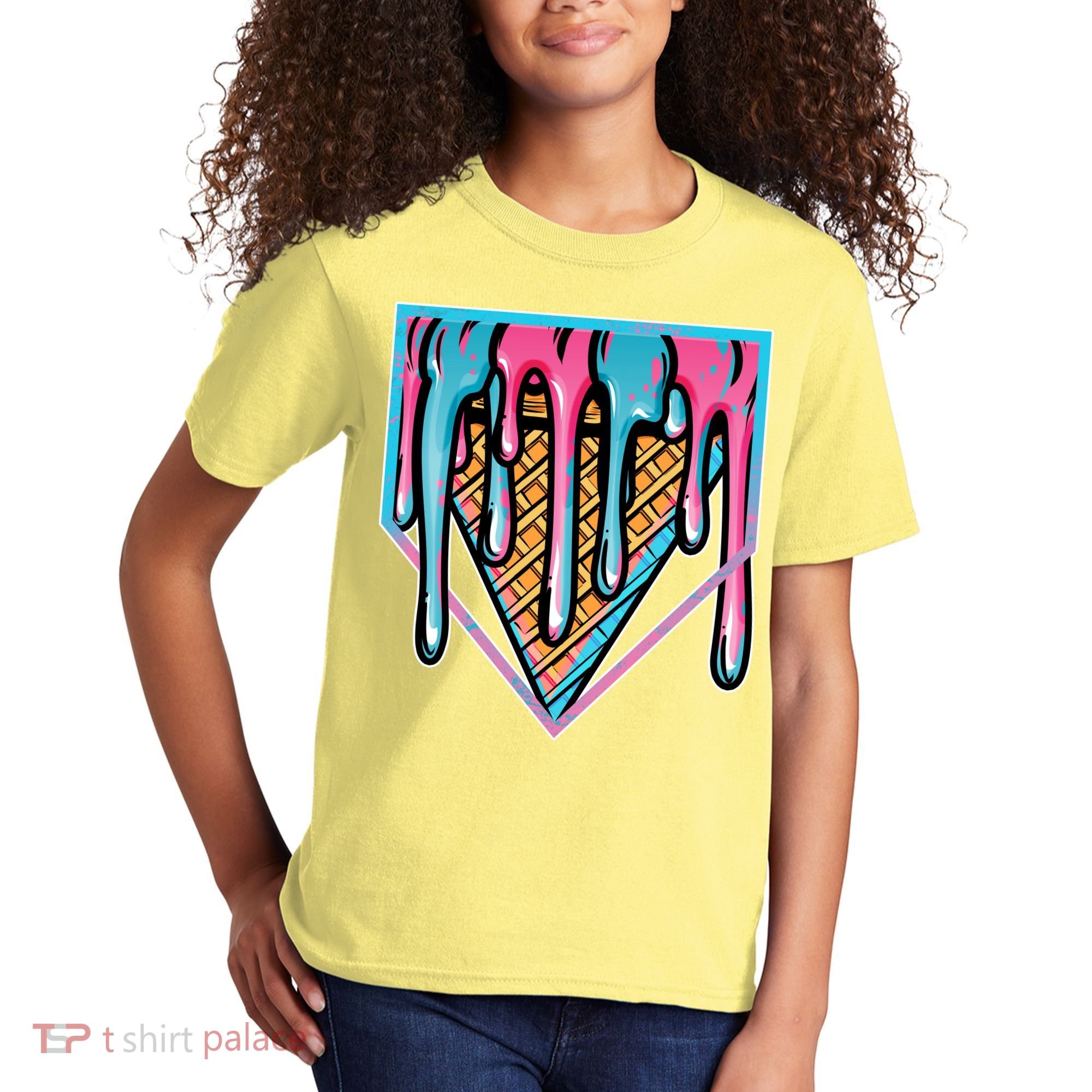 Cute Retro Melting Ice Cream Cone Baseball Home Plate Kids T-Shirt
