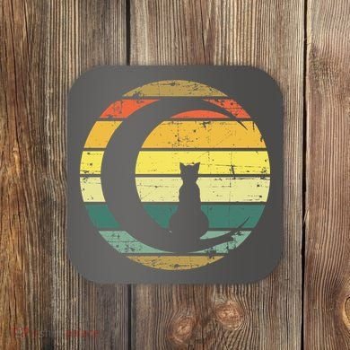 Cat Retro Moon Sunset Coaster