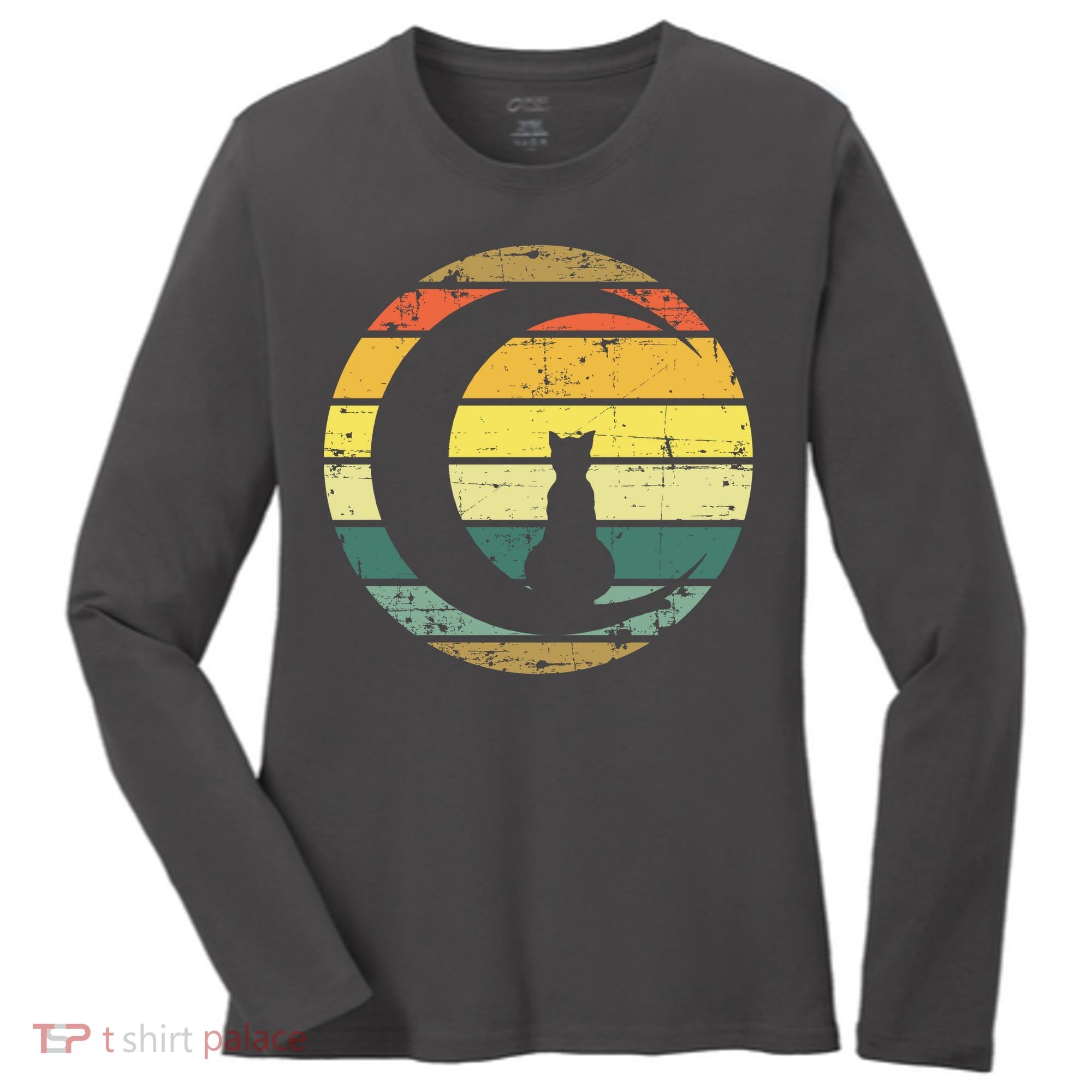 Cat Retro Moon Sunset Women's Long Sleeve Shirt