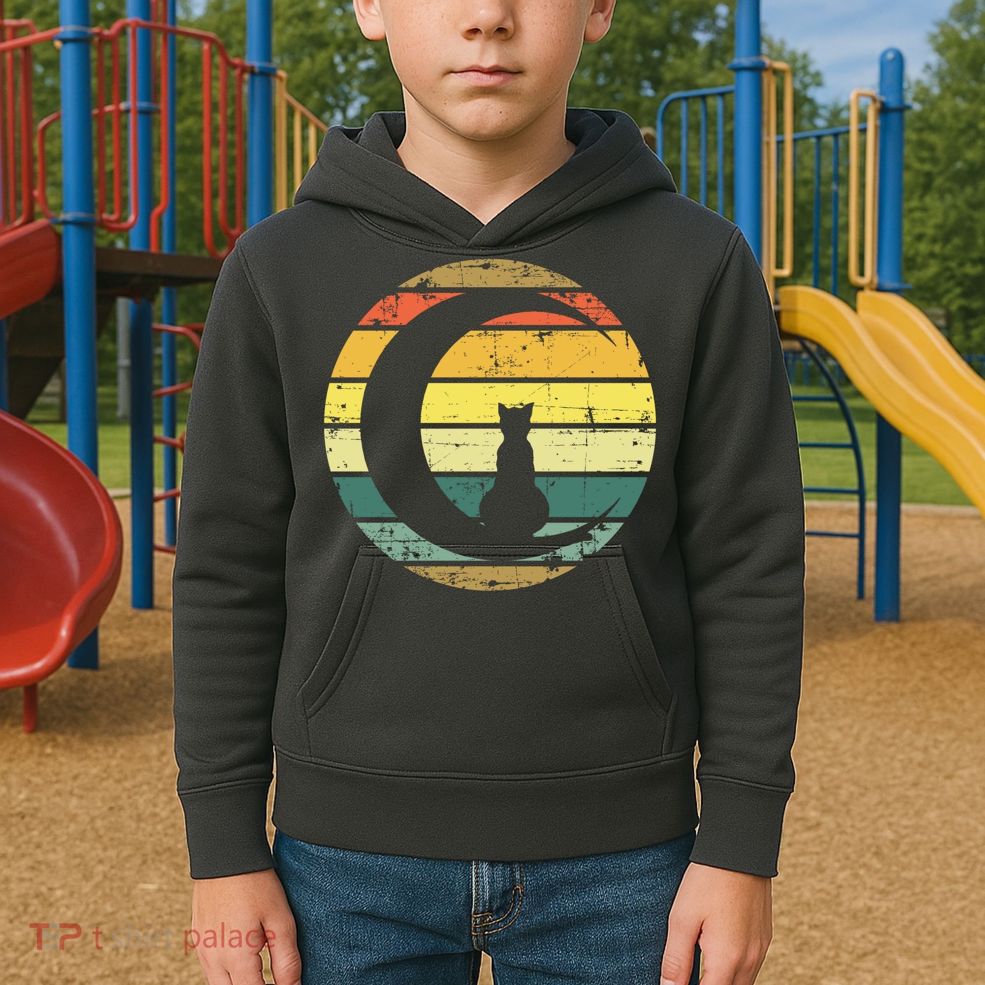 Cat Retro Moon Sunset Kids Hoodie