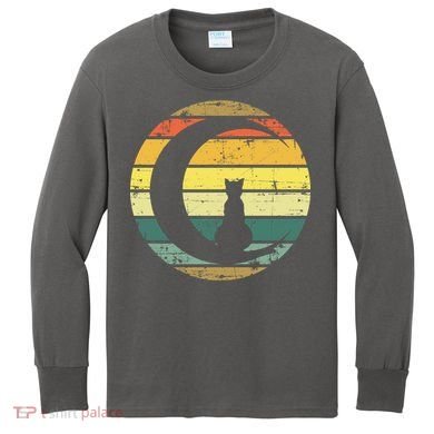 Cat Retro Moon Sunset Kids Long Sleeve Shirt