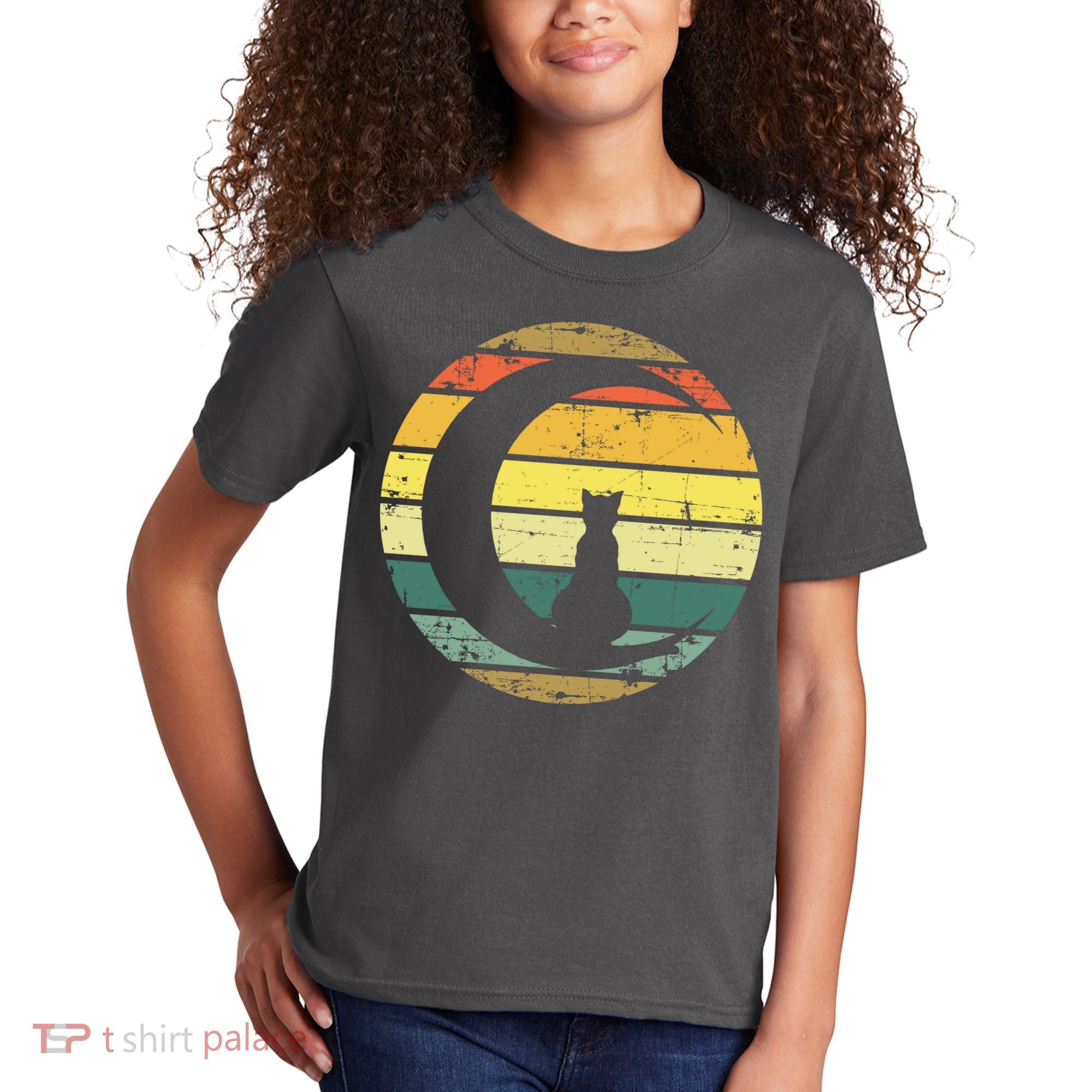 Cat Retro Moon Sunset Kids T-Shirt