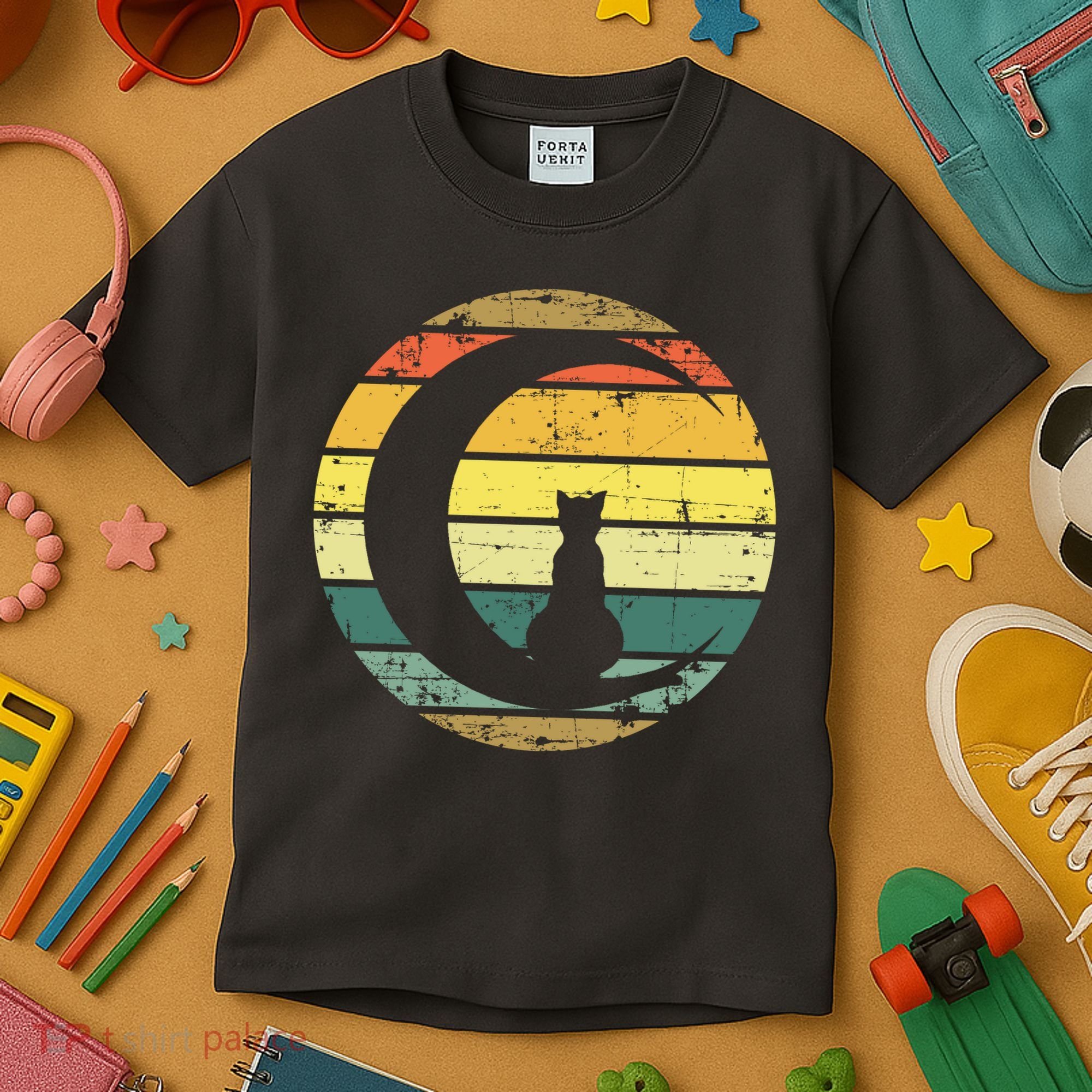 Cat Retro Moon Sunset Kids T-Shirt