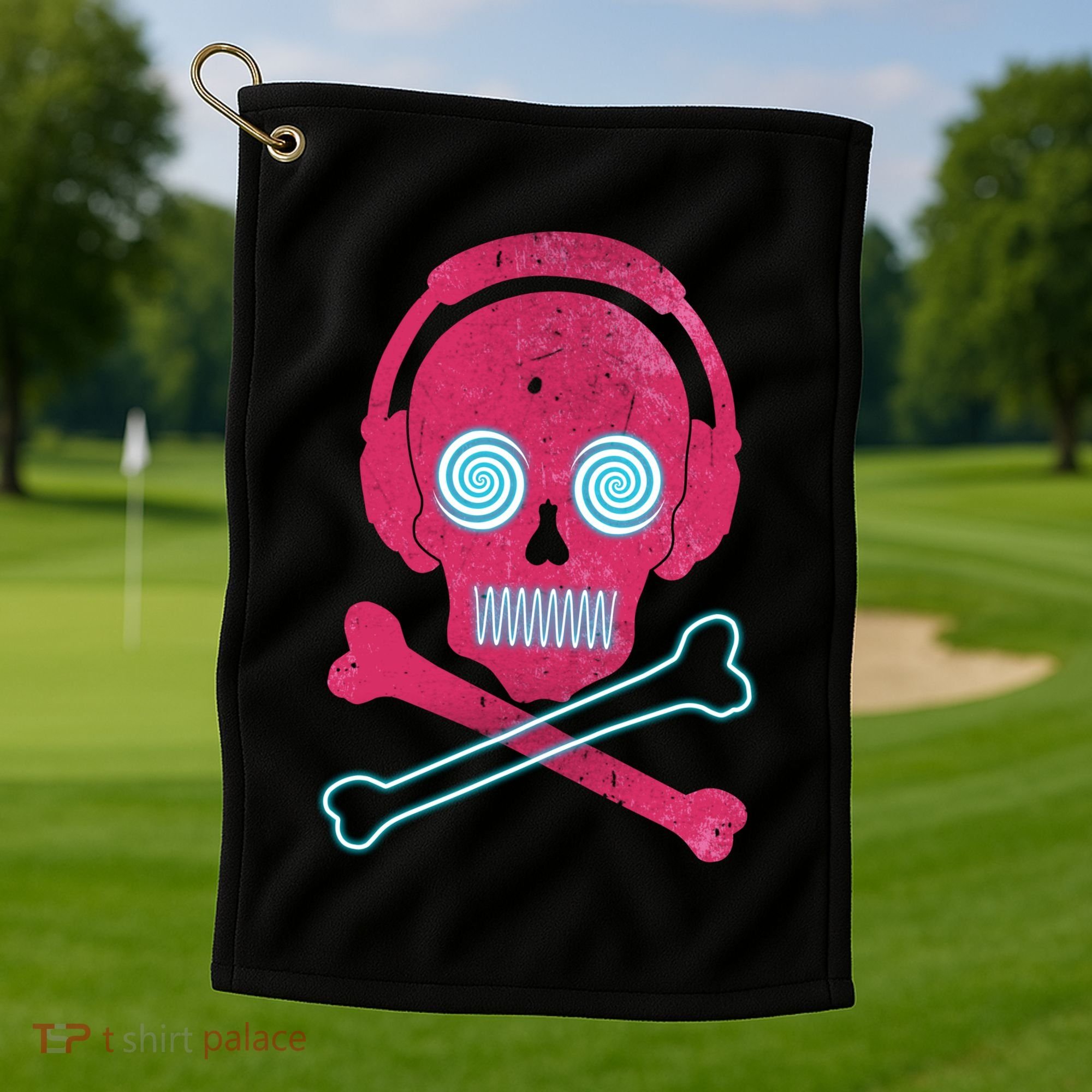 Cool Retro Neon Headphones Skull Music Lover Golf Towel