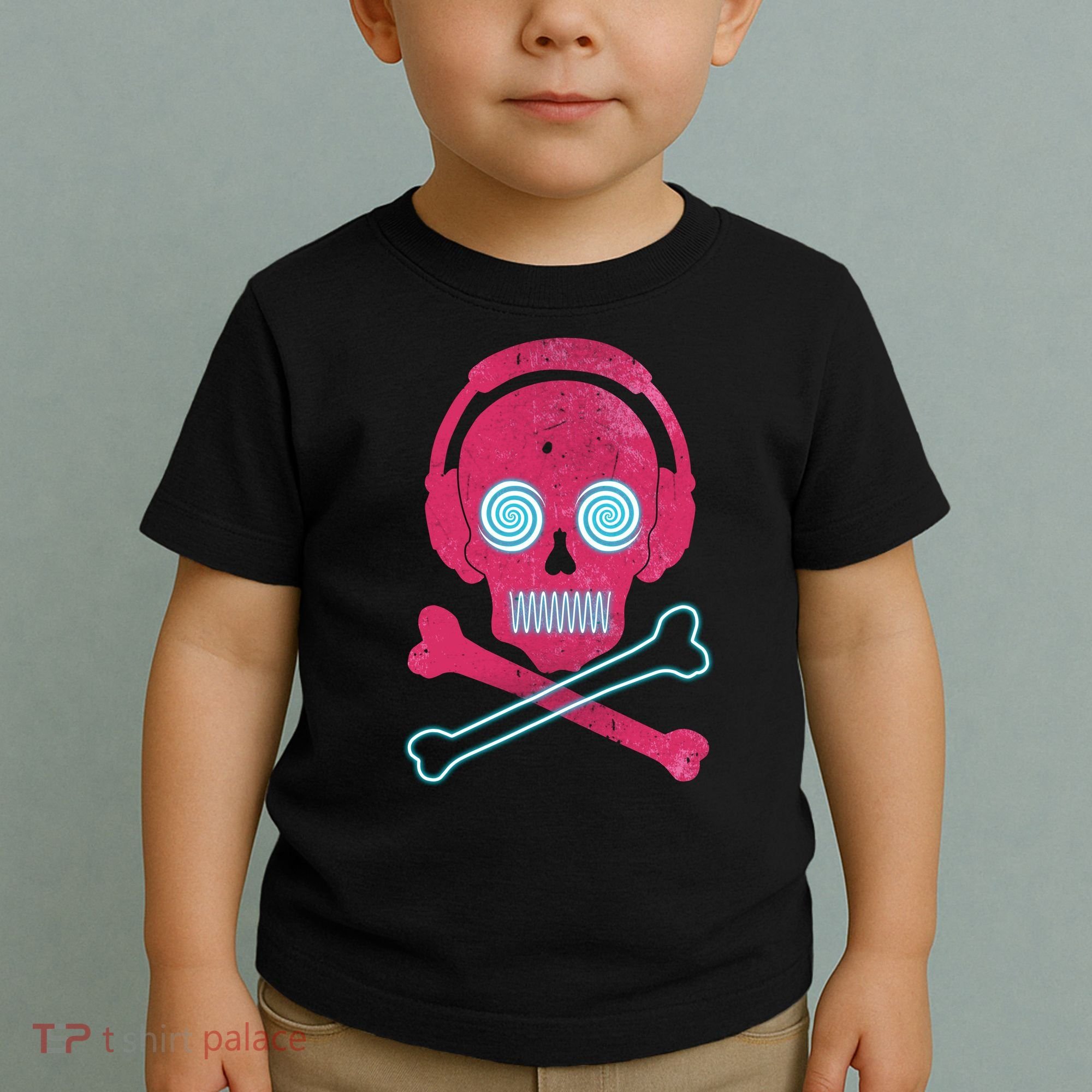 Cool Retro Neon Headphones Skull Music Lover Toddler T-Shirt