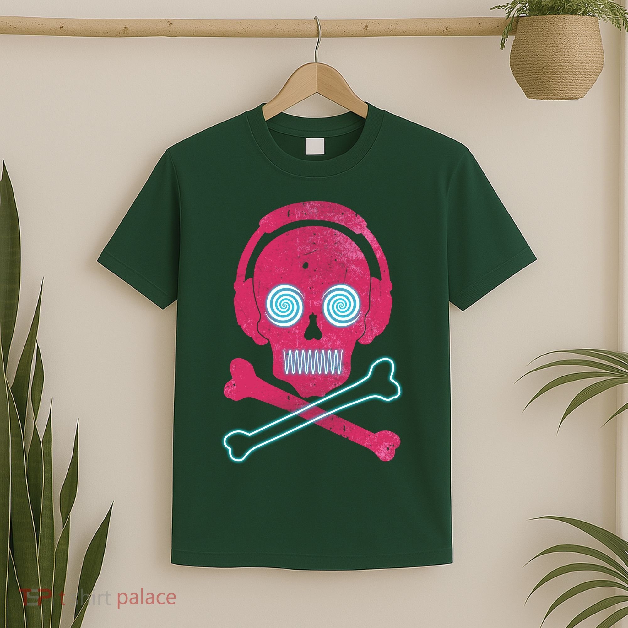 Cool Retro Neon Headphones Skull Music Lover T-Shirt